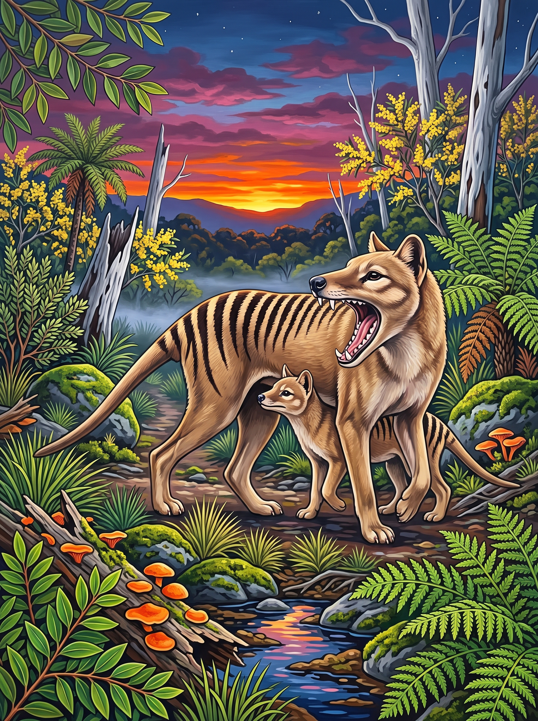Thylacine and Pup at Dusk