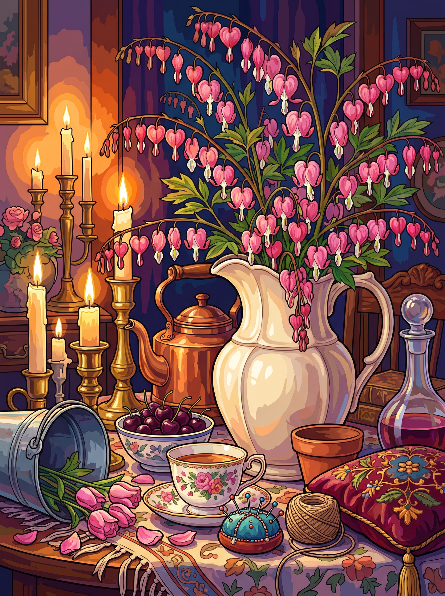 Bleeding Hearts in Candle Glow