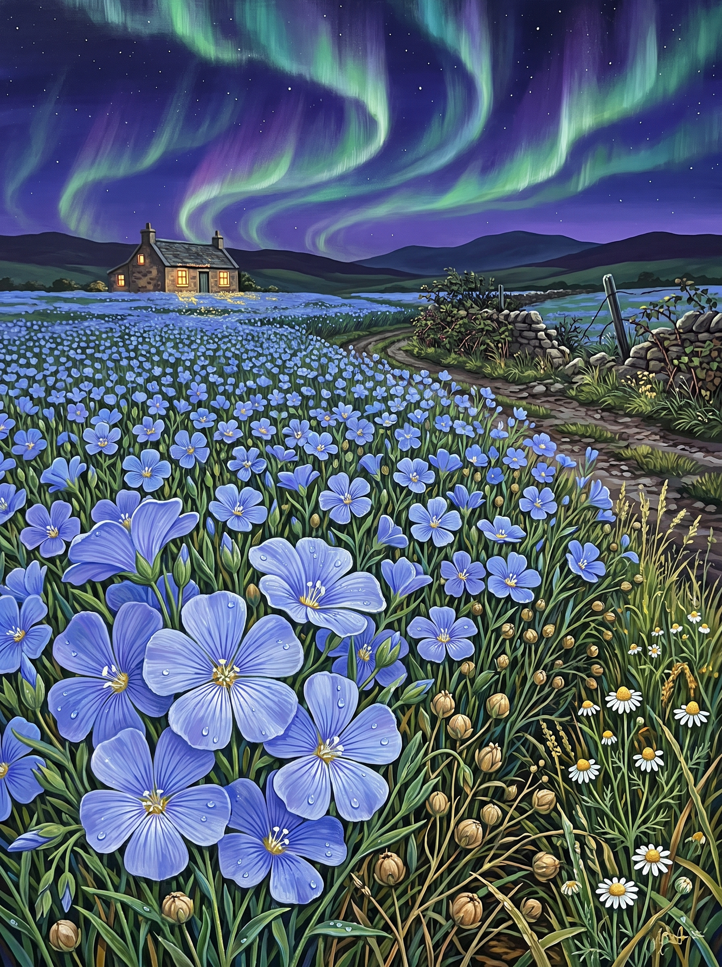 Blue Flax Under the Aurora