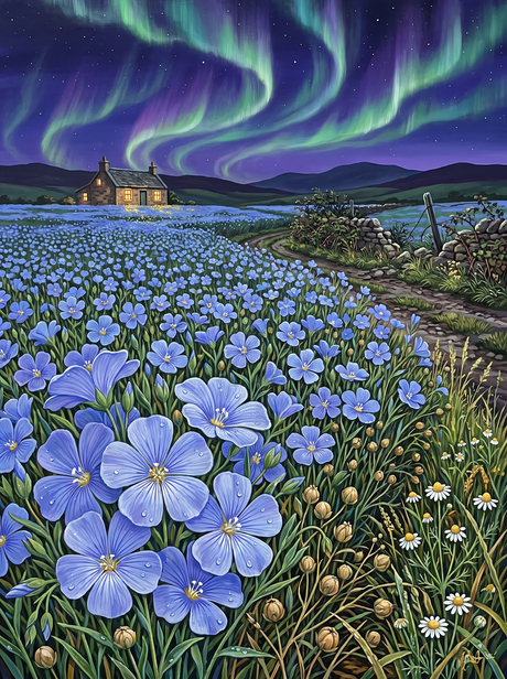 Blue Flax Under the Aurora