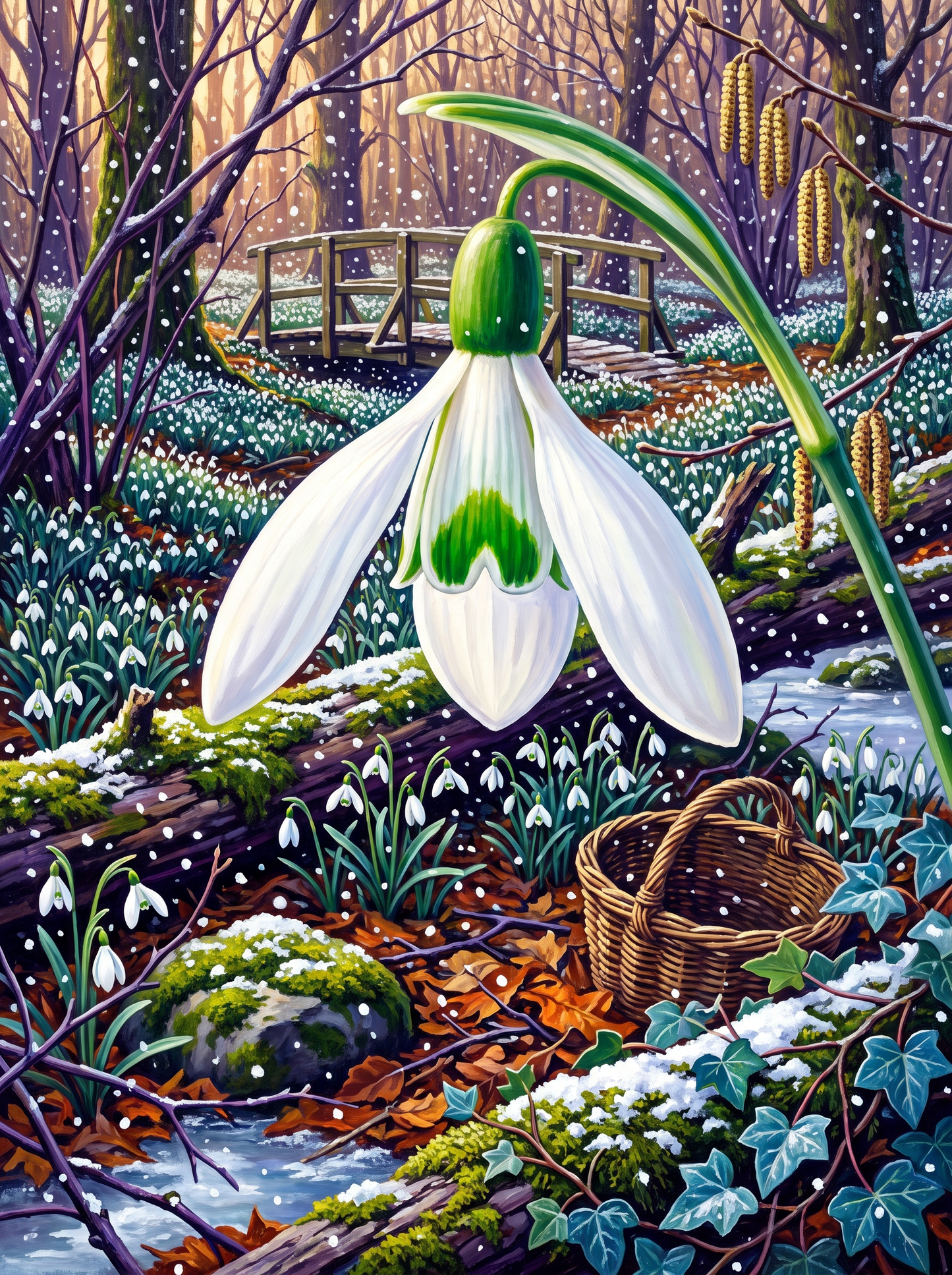 Snowdrops by the Woodland Bridge