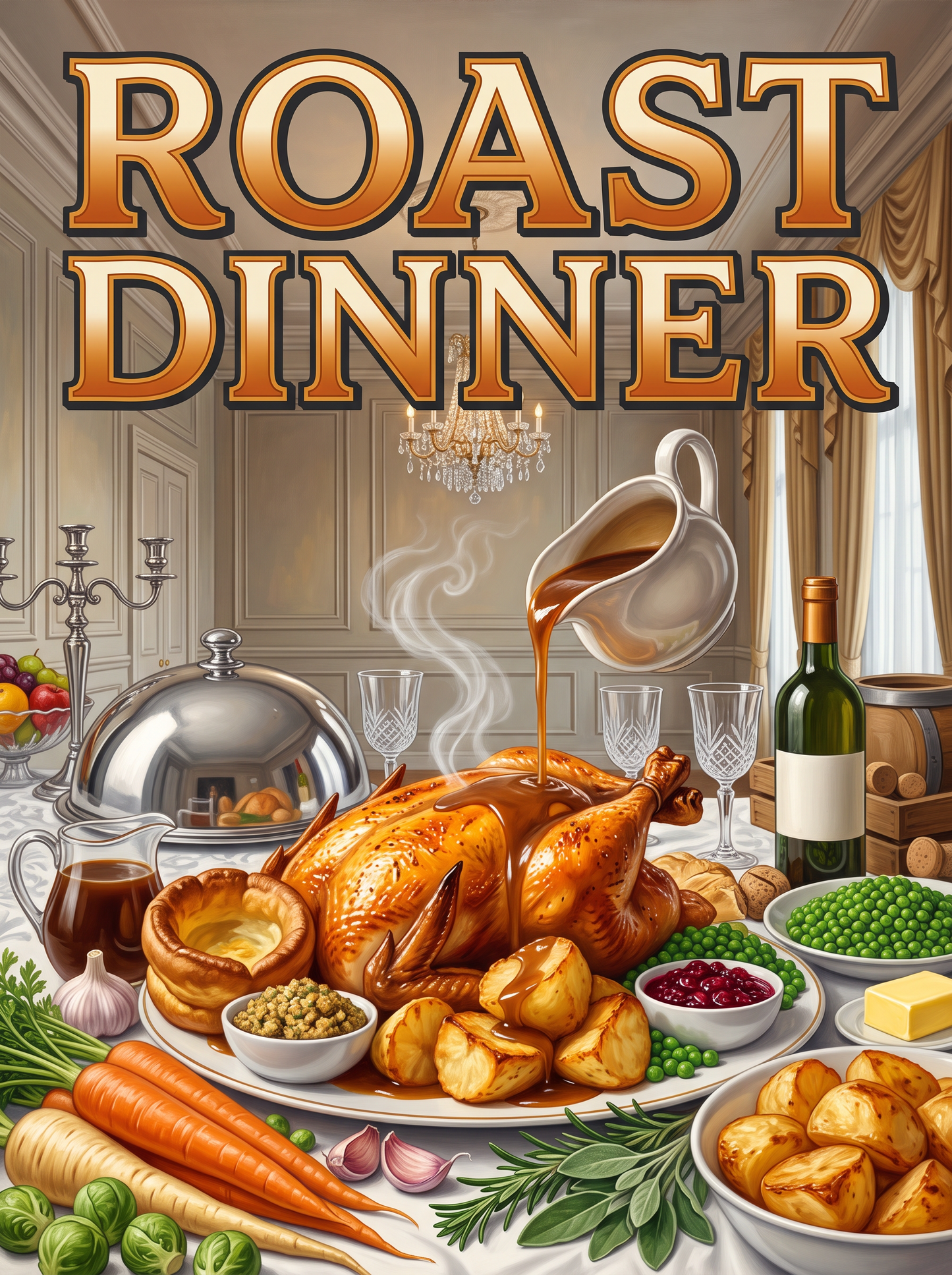 Roast Dinner Under the Chandelier