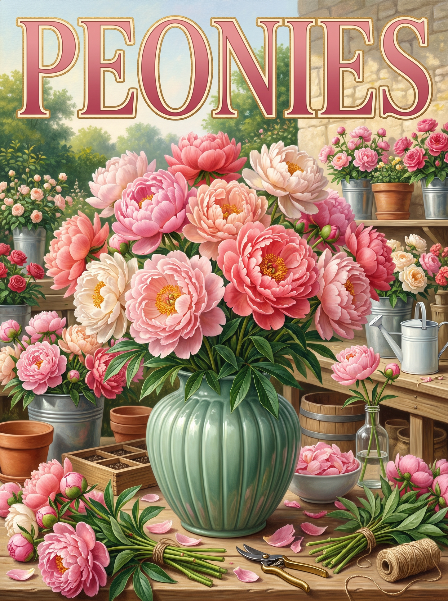 Peonies in a Green Vase