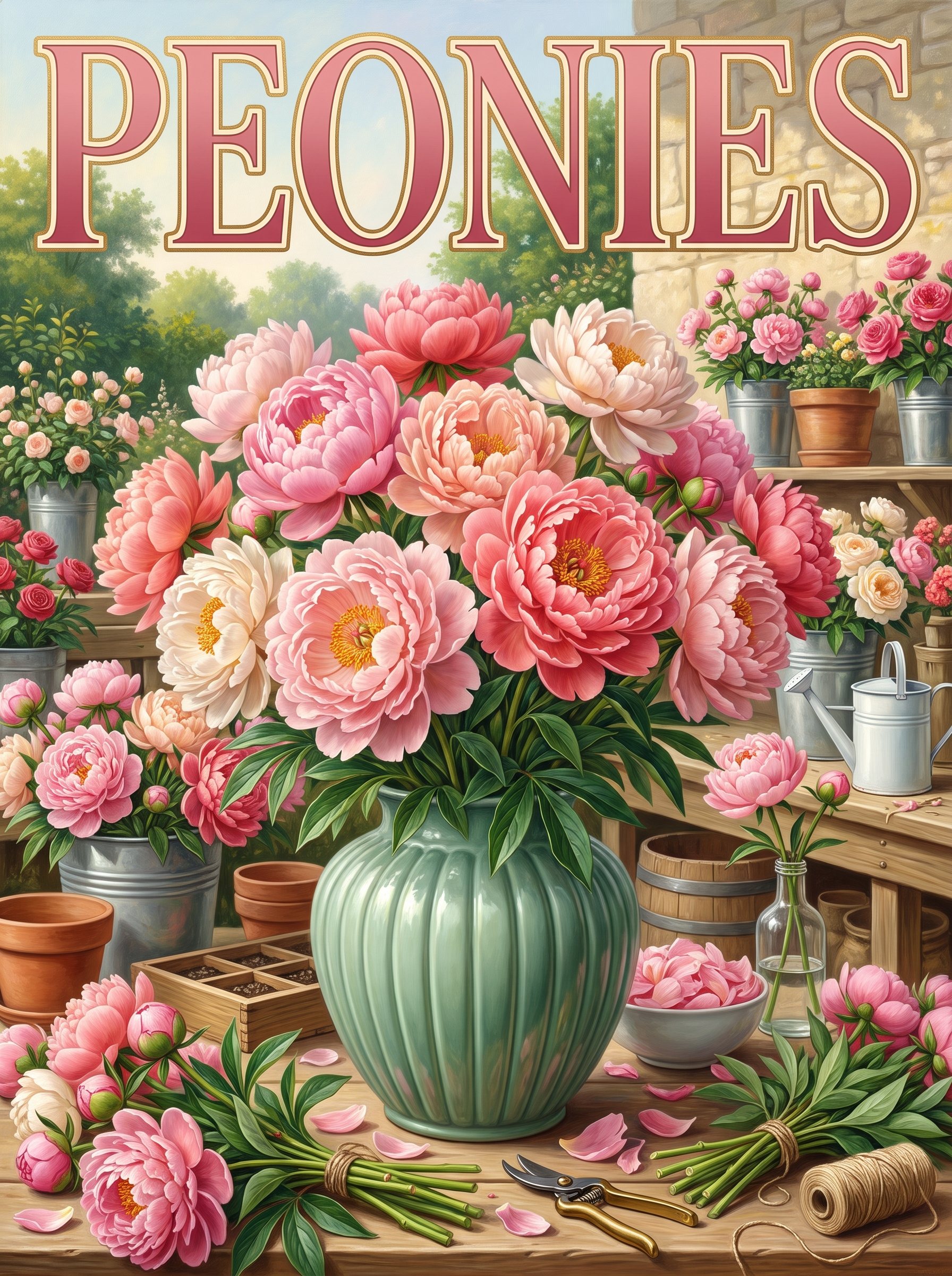 Peonies in a Green Vase