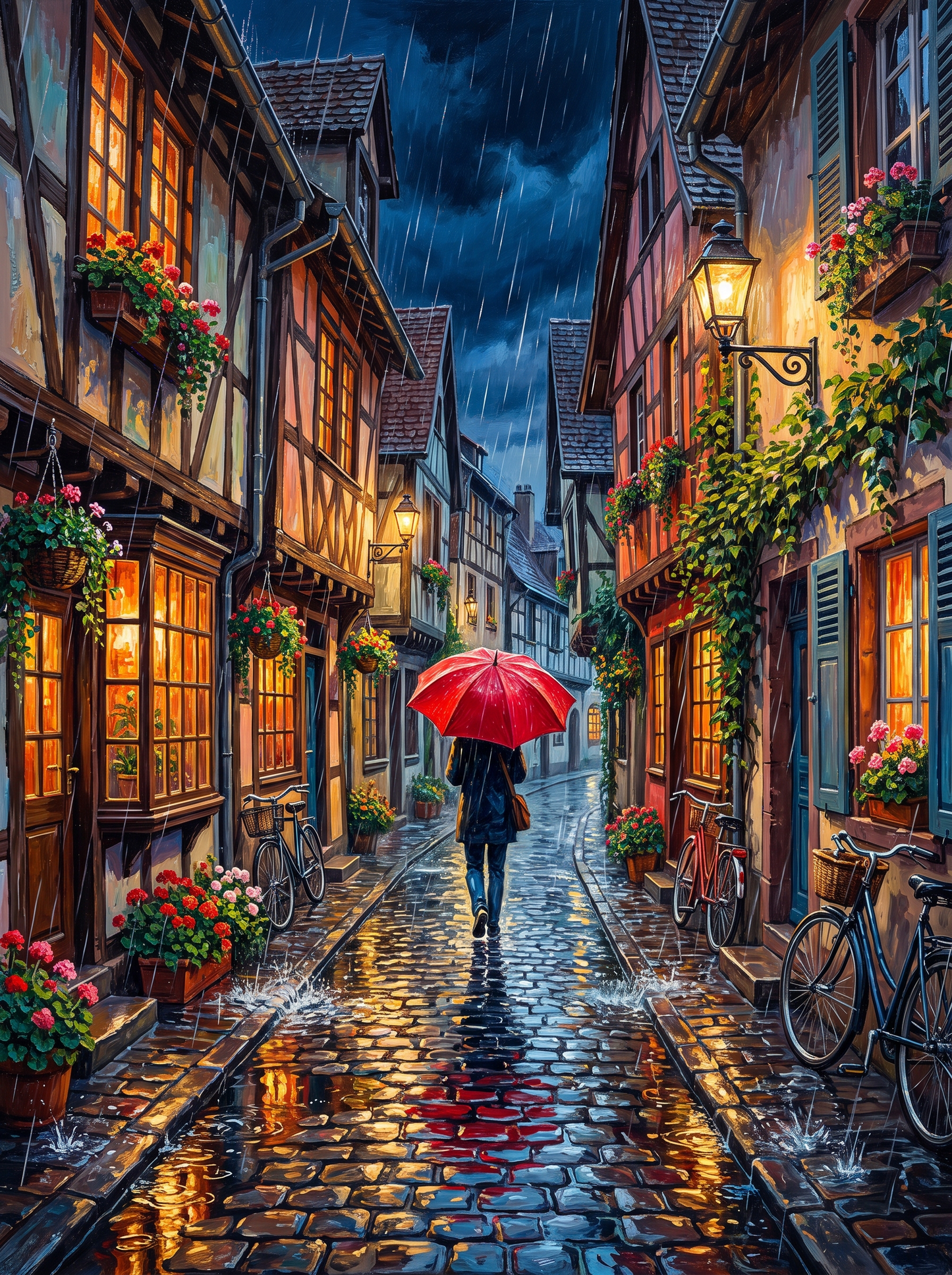 Red Umbrella on the Wet Lane