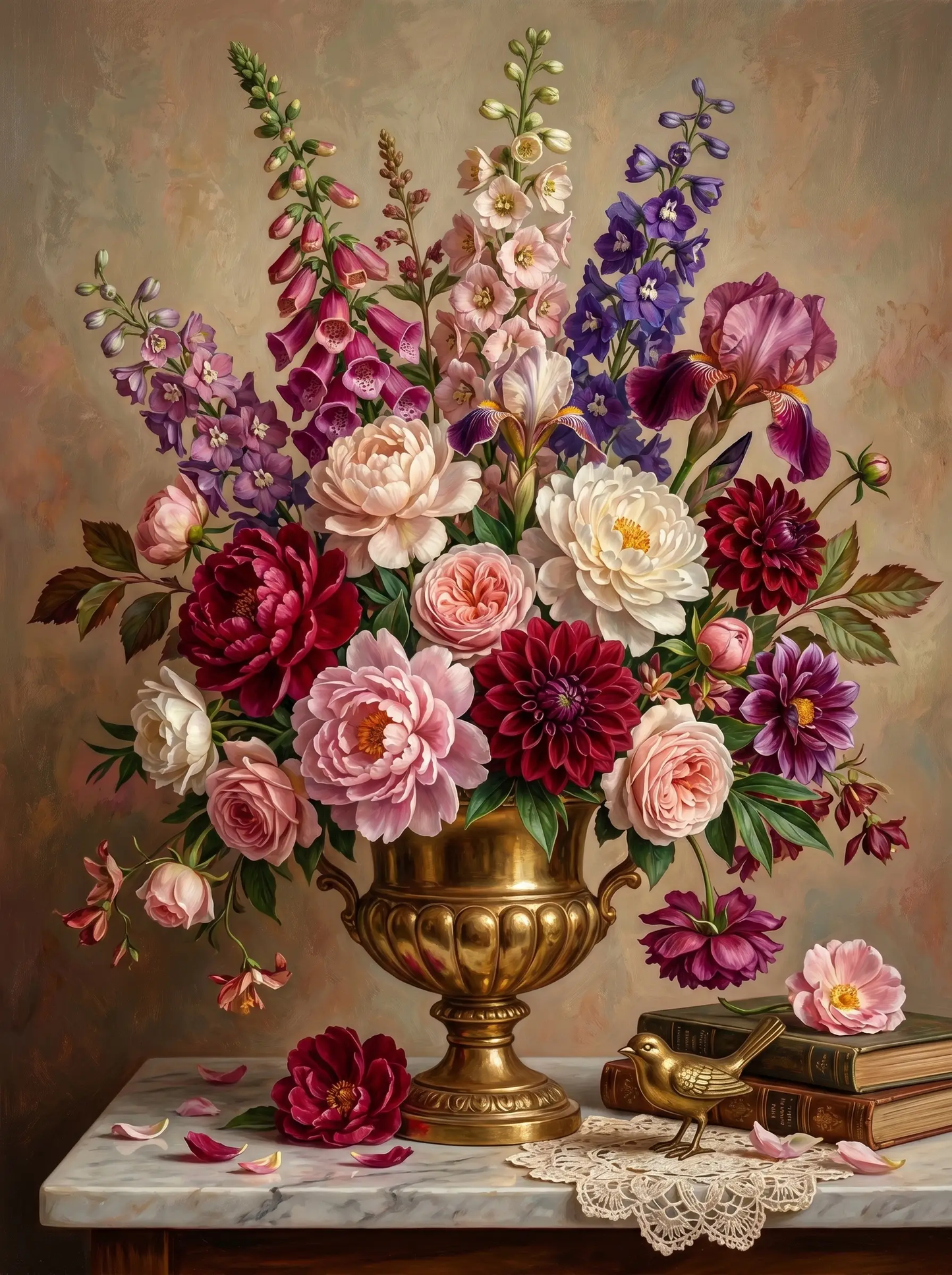 Peony Dahlia Foxglove Gold Urn (Diamond Painting)
