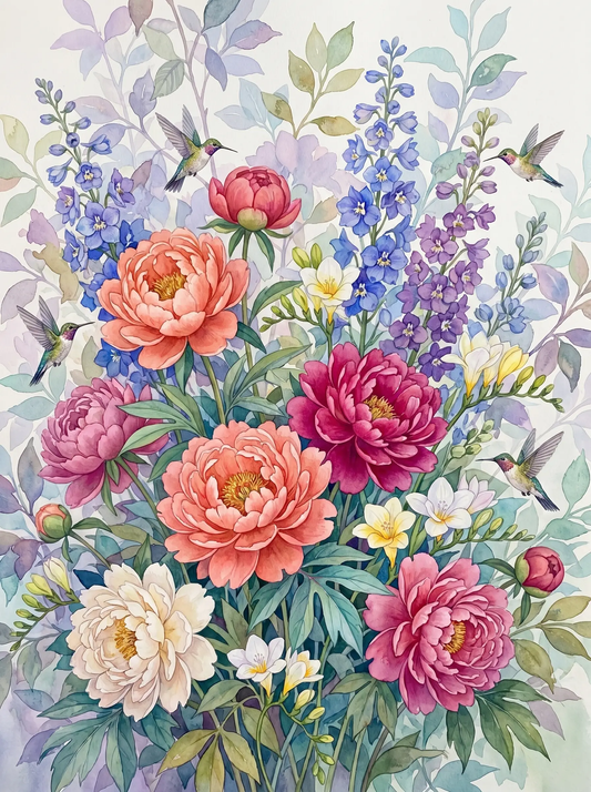 Peony Delphinium Hummingbird Watercolor (Diamond Painting)