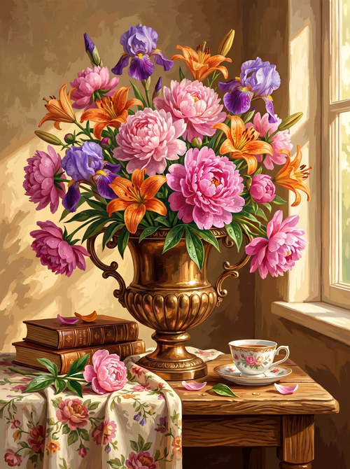 Peony Lily Iris Gold Urn (Diamond Painting)