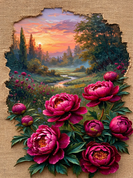 Peony Meadow Sunset Canvas (Diamond Painting)