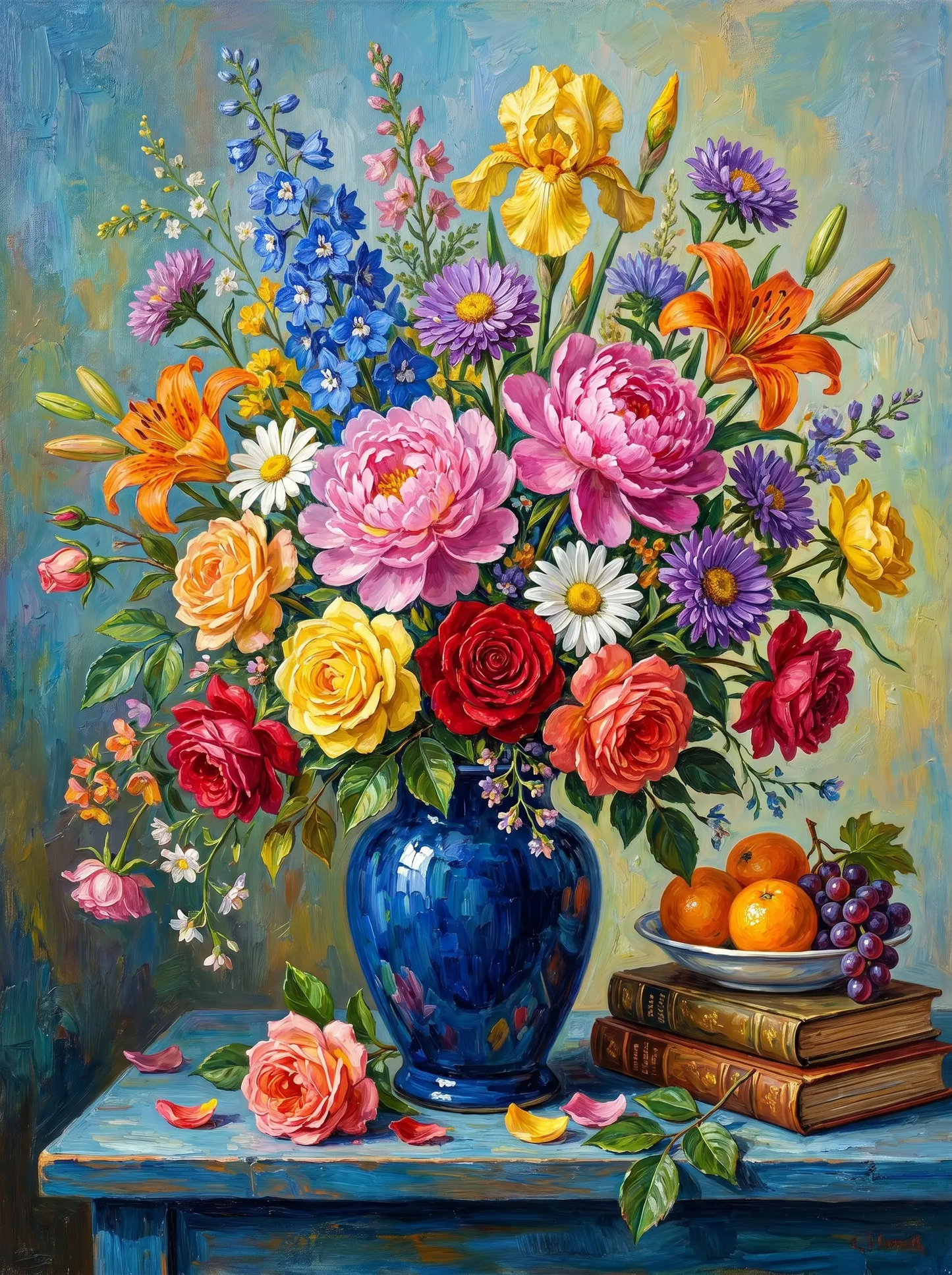 Peony Rose Blue Vase Bouquet (Diamond Painting)
