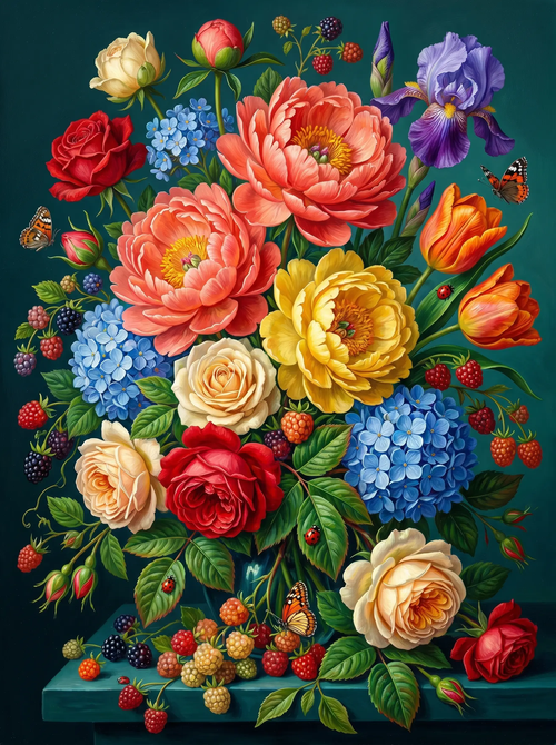 Peony Rose Bouquet Berries (Diamond Painting)