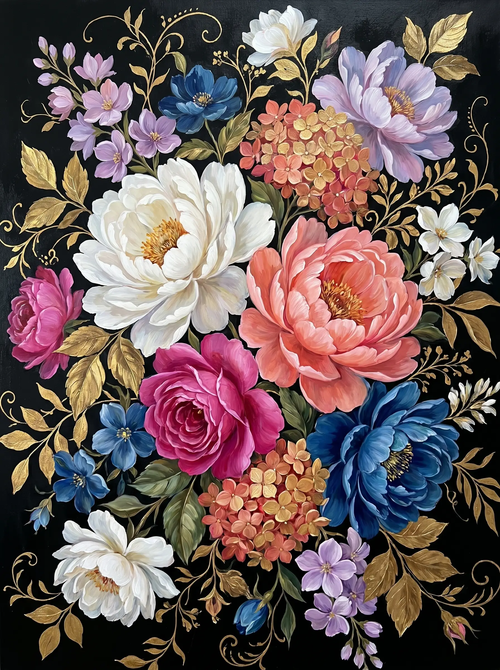 Peony Rose Bouquet Black (Diamond Painting)