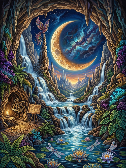 Phoenix Cave Waterfall Moonlight (100 Color Diamond Painting) Diamond Painting kit
