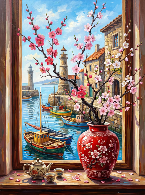 Pink Blossom Harbor Window (Diamond Painting)
