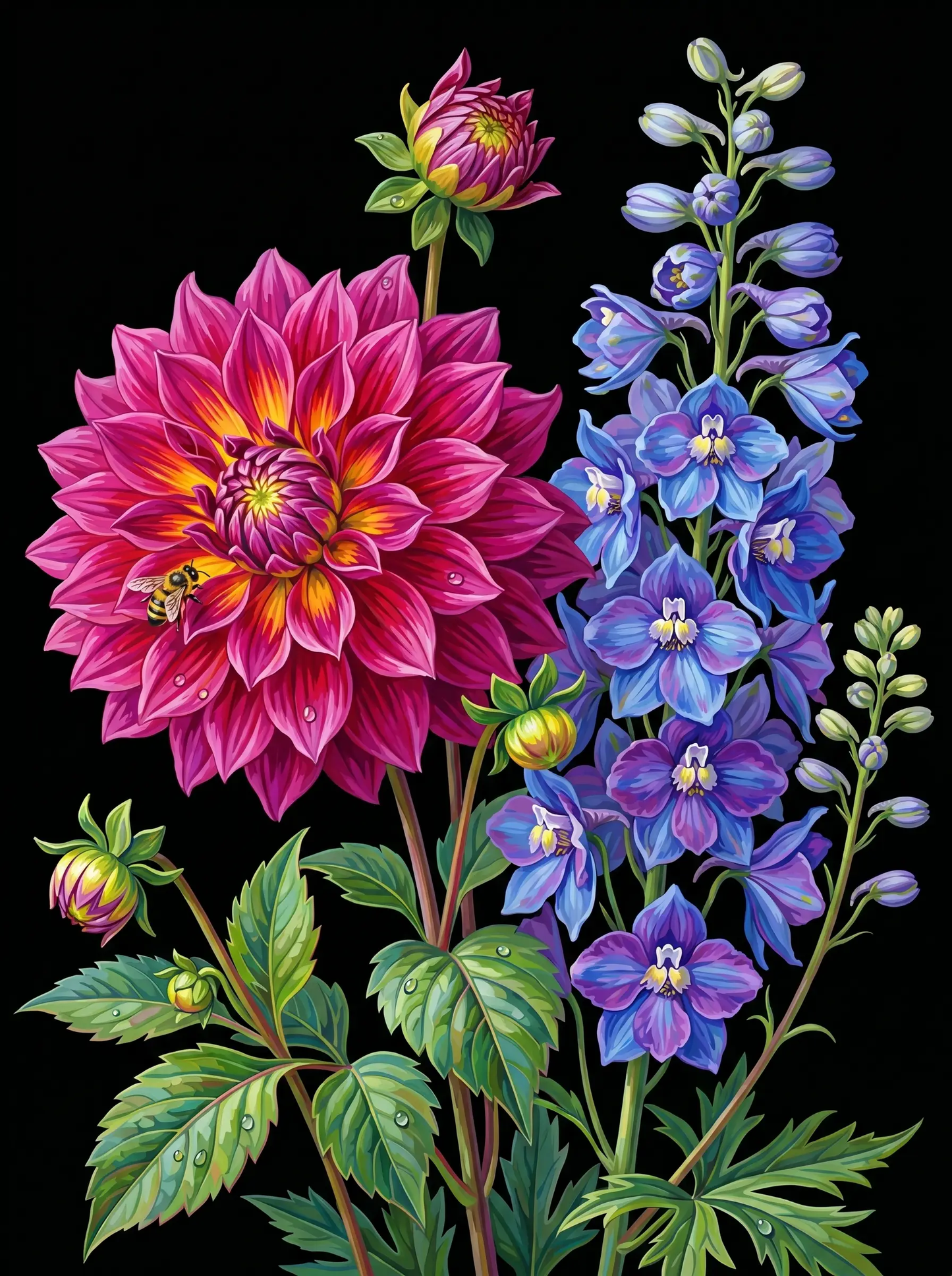 Pink Dahlia Delphinium Black (Diamond Painting)
