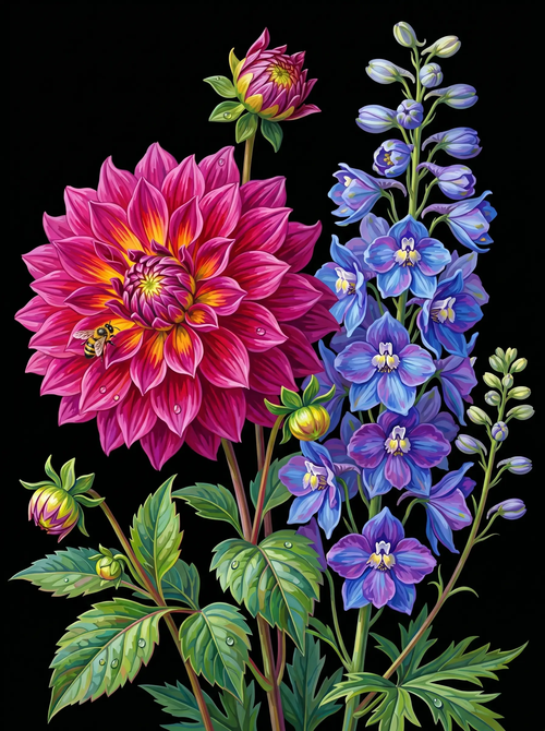 Pink Dahlia Delphinium Black (Diamond Painting)