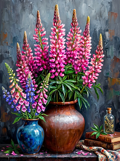 Pink Lupine Copper Pot (Diamond Painting)