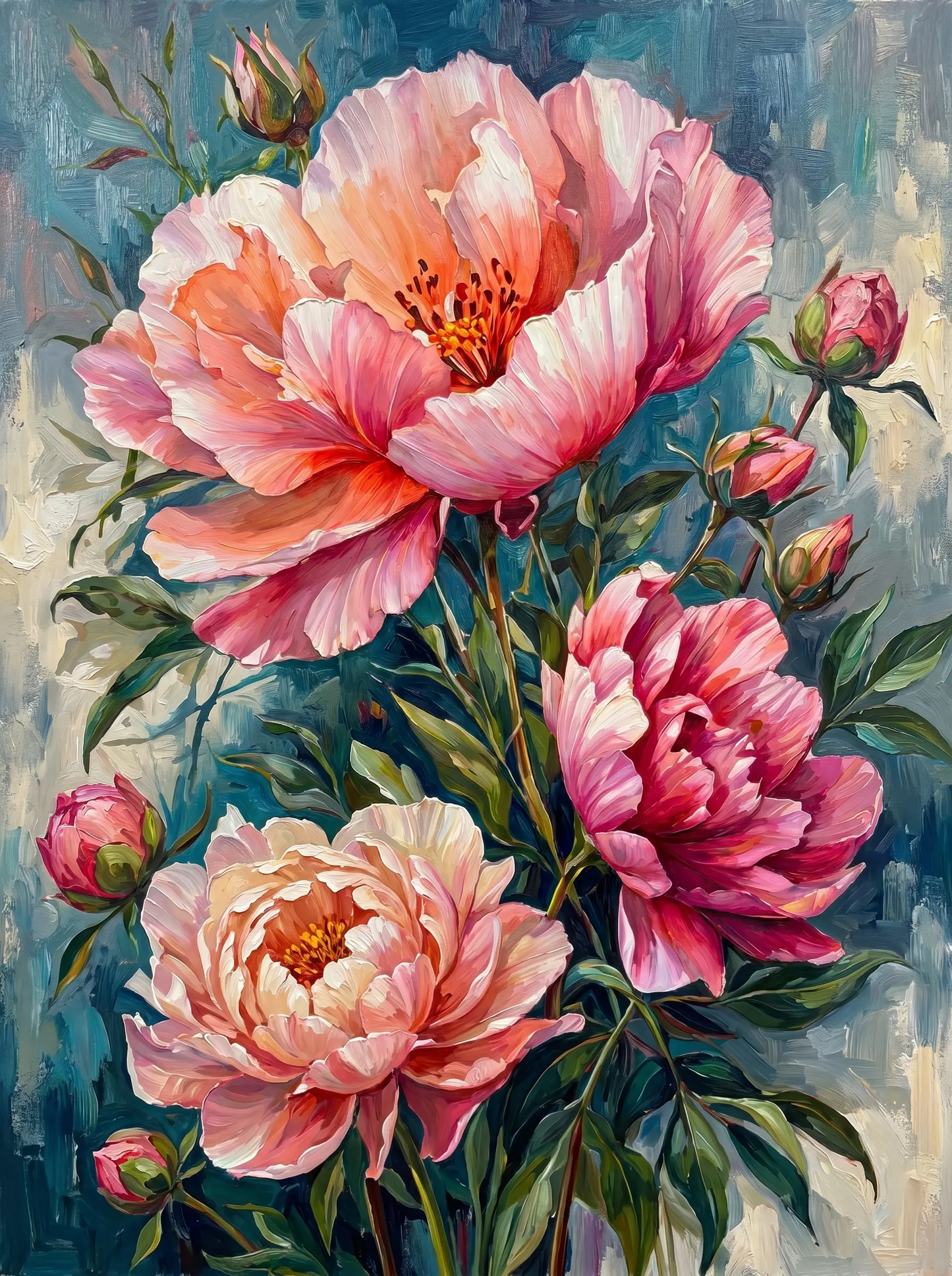 Pink Peony Blooms Blue (Diamond Painting)