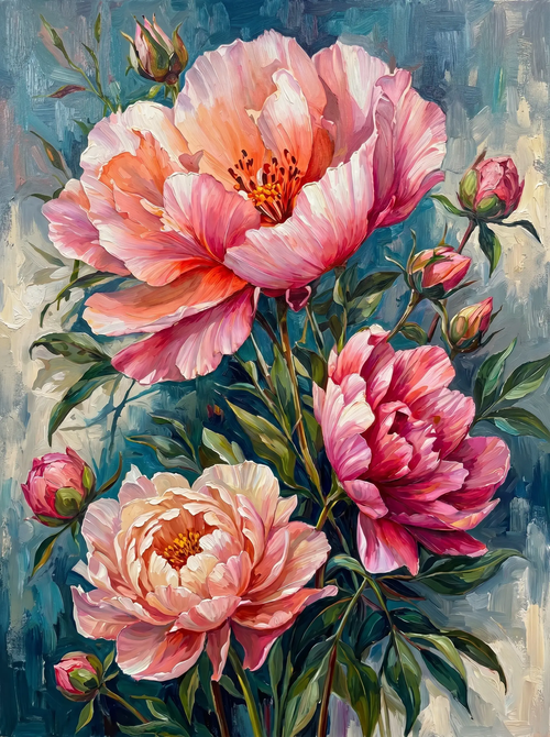 Pink Peony Blooms Blue (Diamond Painting)