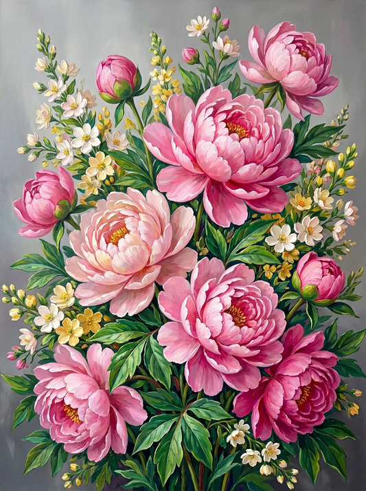 Pink Peony Bouquet Gray (Diamond Painting)