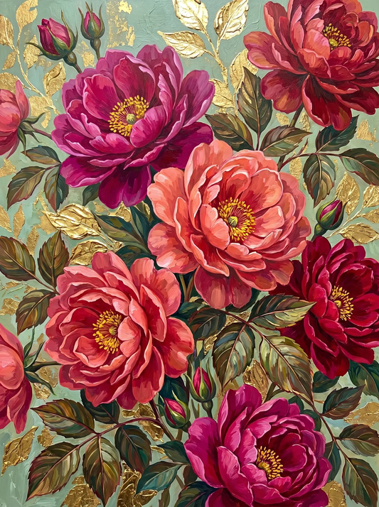 Pink Peony Gold Leaves (Diamond Painting)