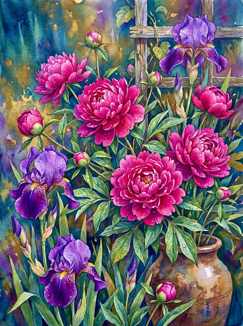 Pink Peony Iris Trellis Watercolor (Diamond Painting)