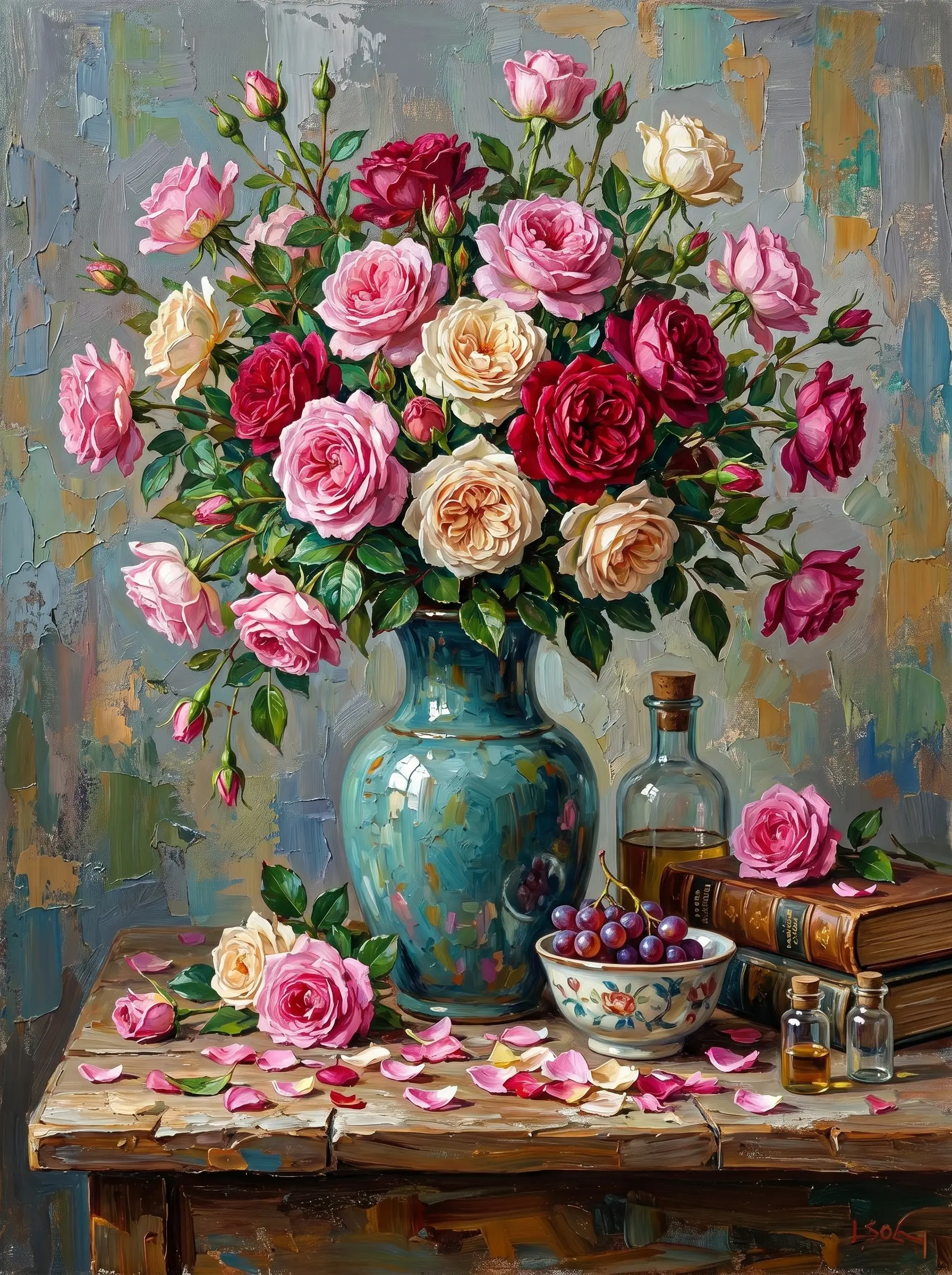 Pink Red Rose Blue Vase Petals (Diamond Painting)