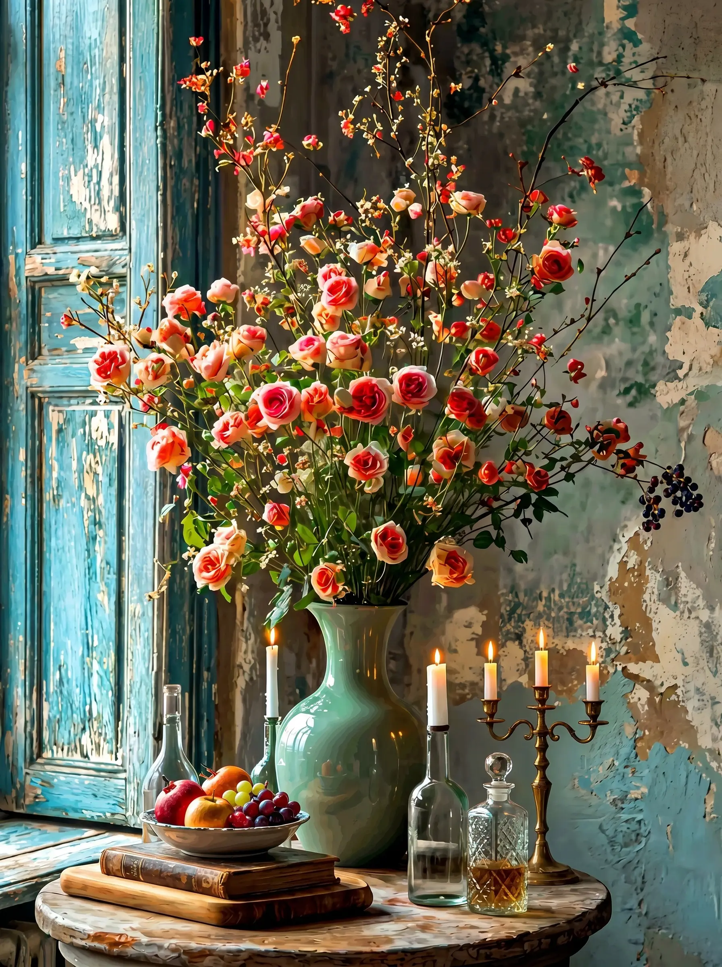 Pink Rose Rustic Still Life (Diamond Painting)