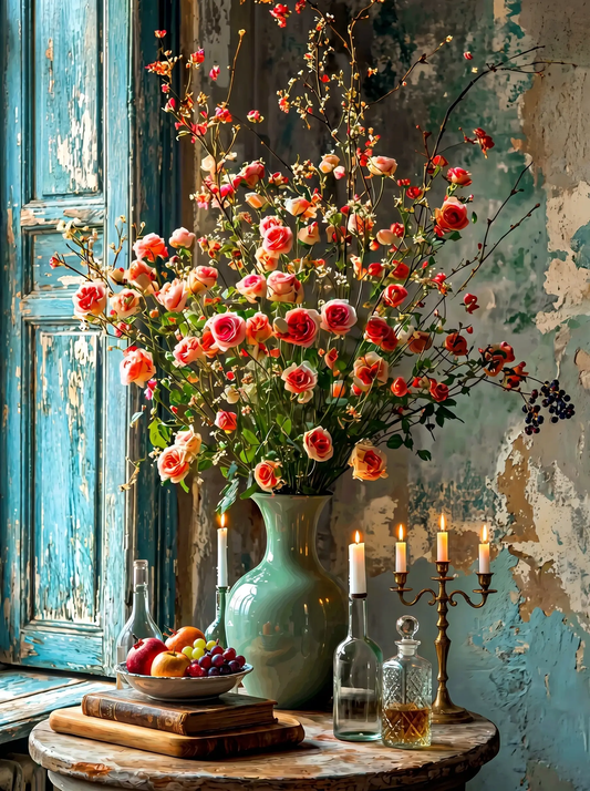 Pink Rose Rustic Still Life (Diamond Painting)