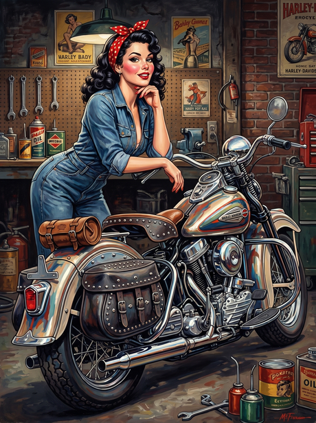 Pinup Girl Harley Garage Vintage (150 Color Diamond Painting) Diamond Painting kit