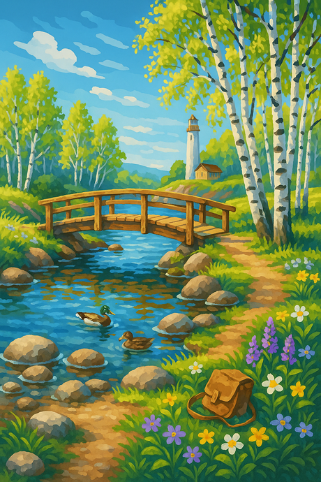 Spring Bridge over Crystal Stream (Diamond Painting) Diamond Painting kit
