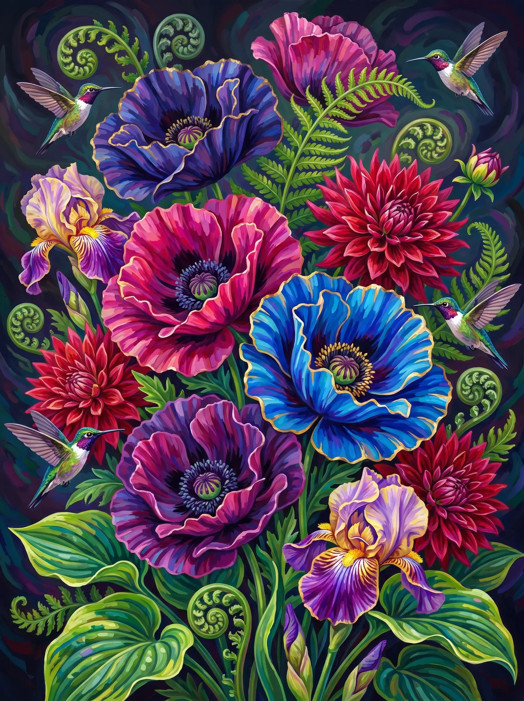 Poppy Dahlia Hummingbirds (Diamond Painting)