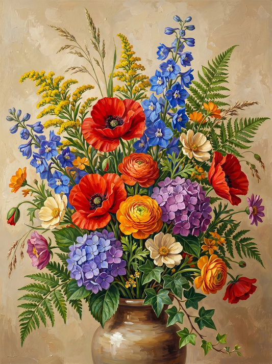 Poppy Delphinium Hydrangea Vase (Diamond Painting)