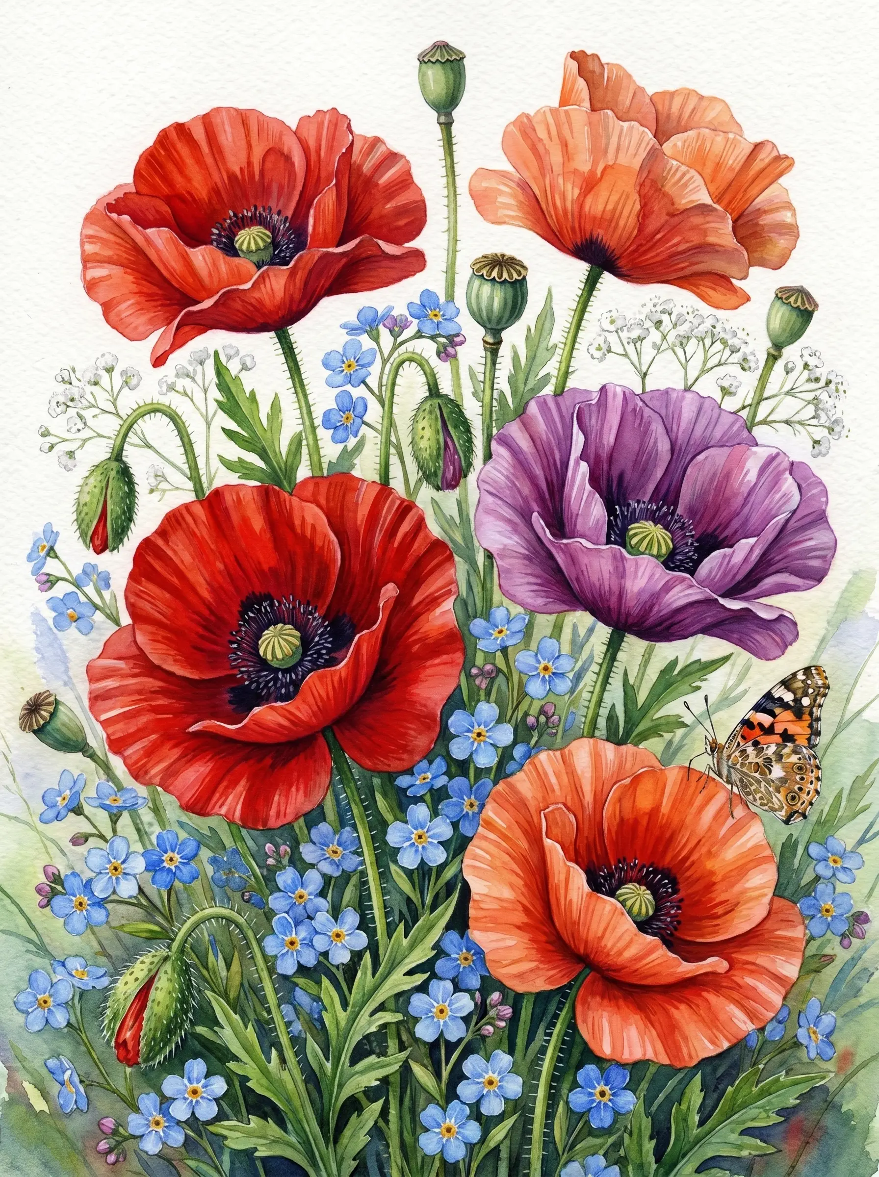 Poppy Forget Me Not Watercolor (Diamond Painting)