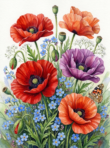 Poppy Forget Me Not Watercolor (Diamond Painting) Diamond Painting kit