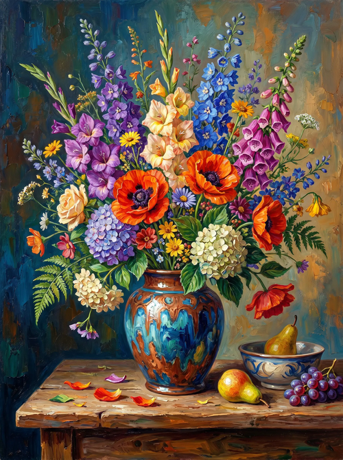 Poppy Hydrangea Still Life Vase (Diamond Painting)