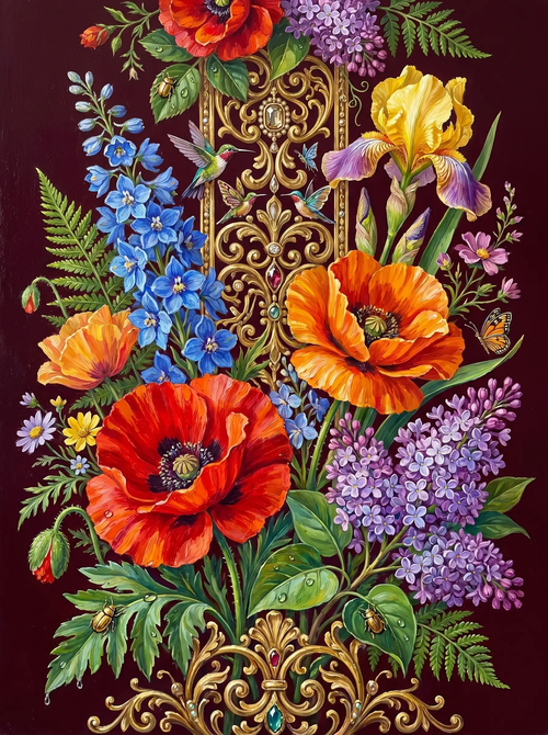 Poppy Iris Baroque Hummingbird (Diamond Painting)