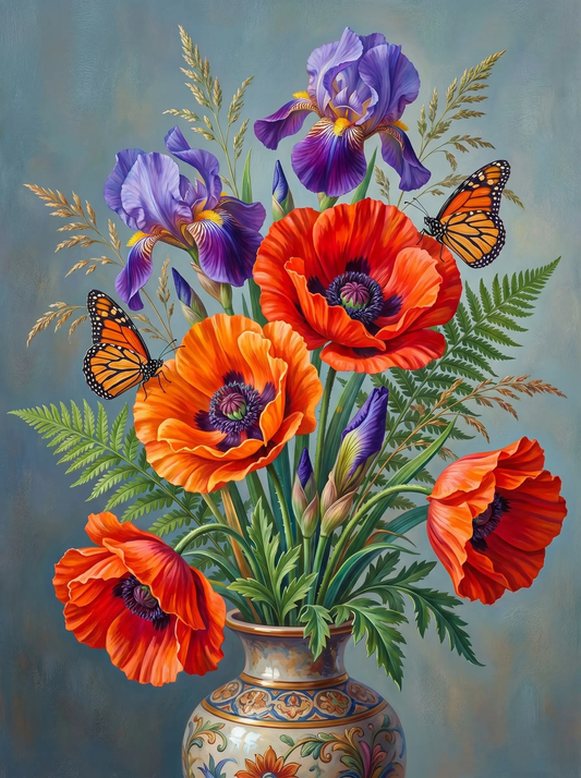 Poppy Iris Butterfly Vase (Diamond Painting)