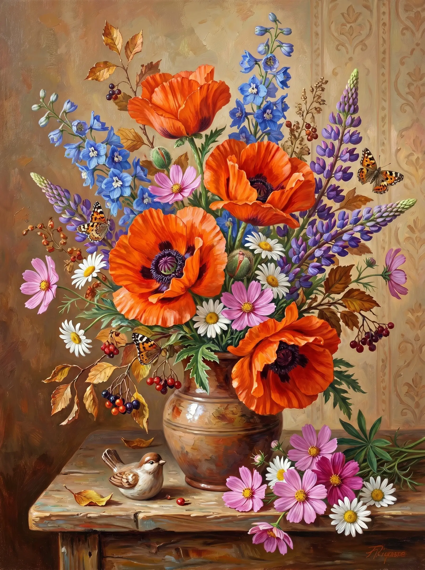 Poppy Lupine Bouquet Bird (Diamond Painting)