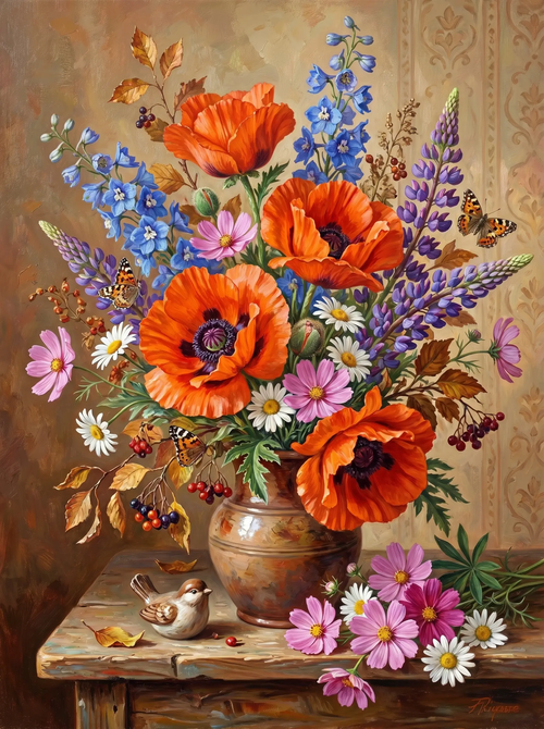 Poppy Lupine Bouquet Bird (Diamond Painting)