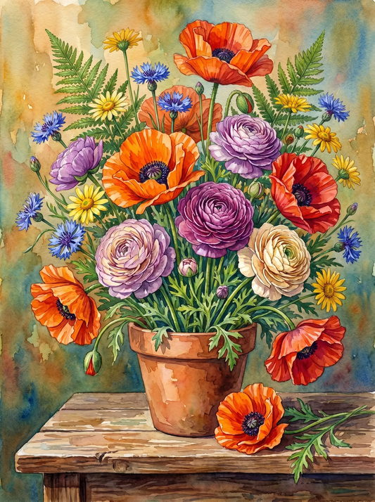 Poppy Ranunculus Terracotta Pot (Diamond Painting)