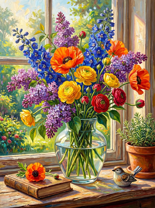 Poppy Ranunculus Vase Window (Diamond Painting)