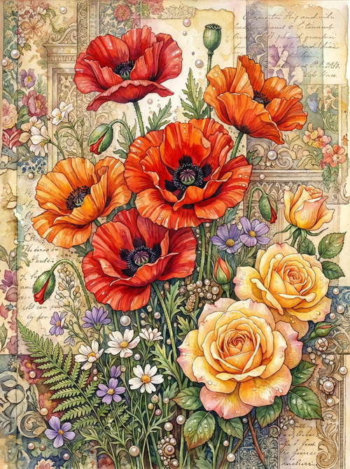 Poppy Rose Vintage Collage (Diamond Painting)
