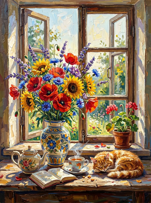 Poppy Sunflower Vase Sleeping Cat (Diamond Painting)