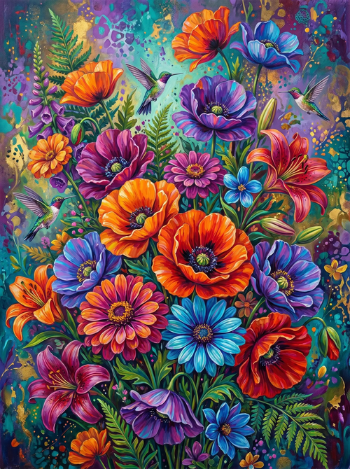 Poppy Zinnia Hummingbird (Diamond Painting)