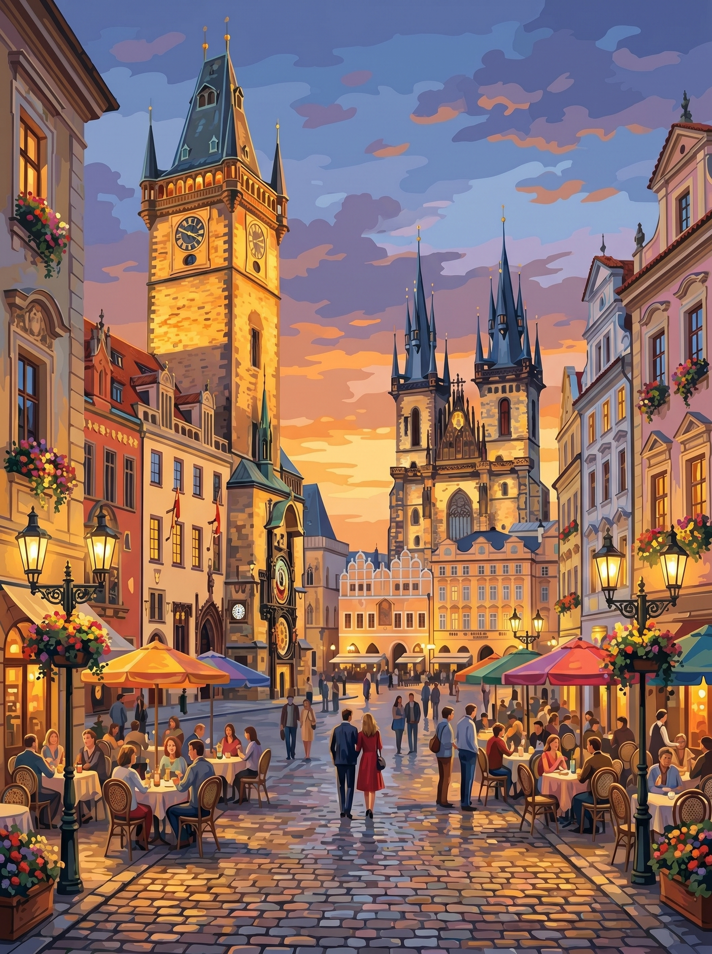 Prague Cafe Square Evening (150 Color Diamond Painting)