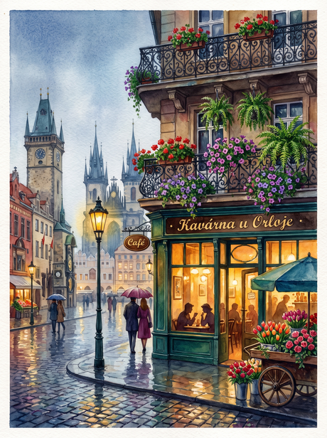 Prague Old Town Square Rainy Café