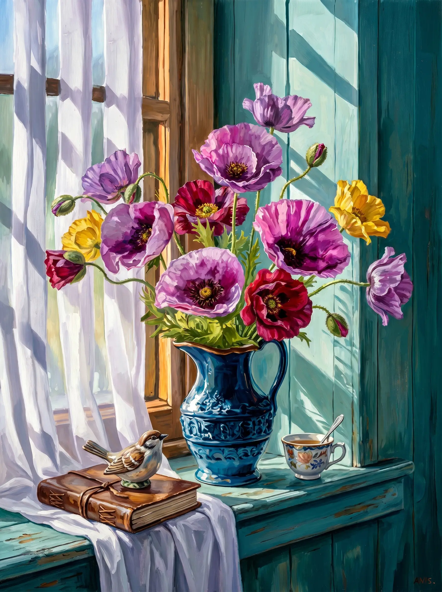 Purple Poppy Blue Jug Windowsill (Diamond Painting)