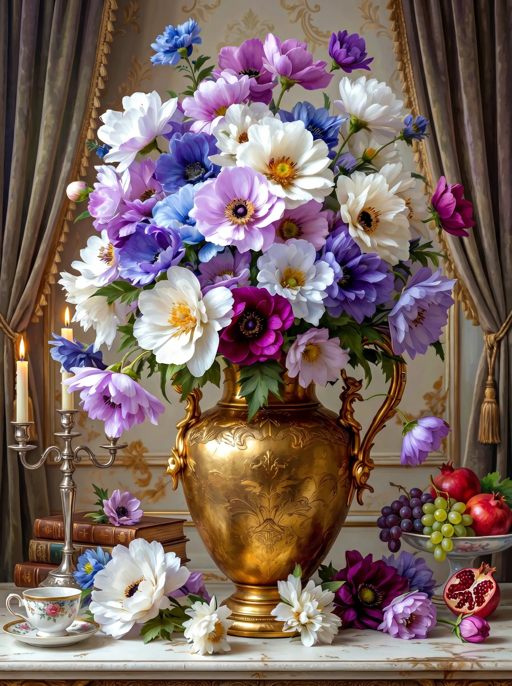 Purple White Anemone Brass Urn (Diamond Painting)