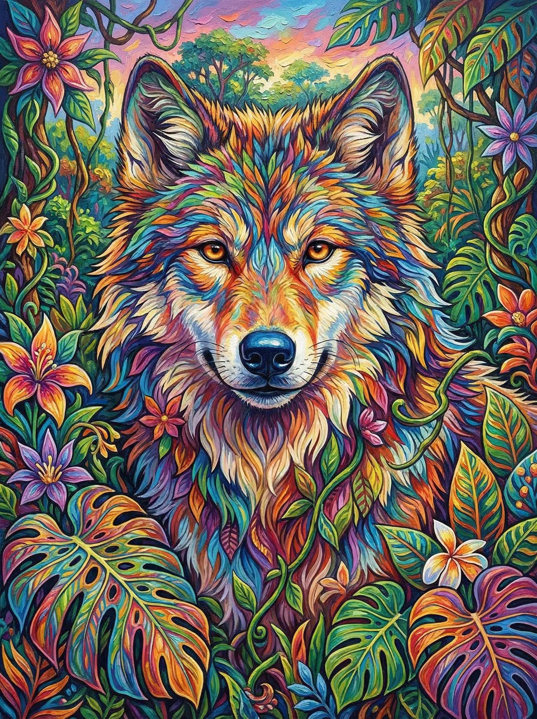 Rainbow Wolf Garden (100 Color Diamond Painting)